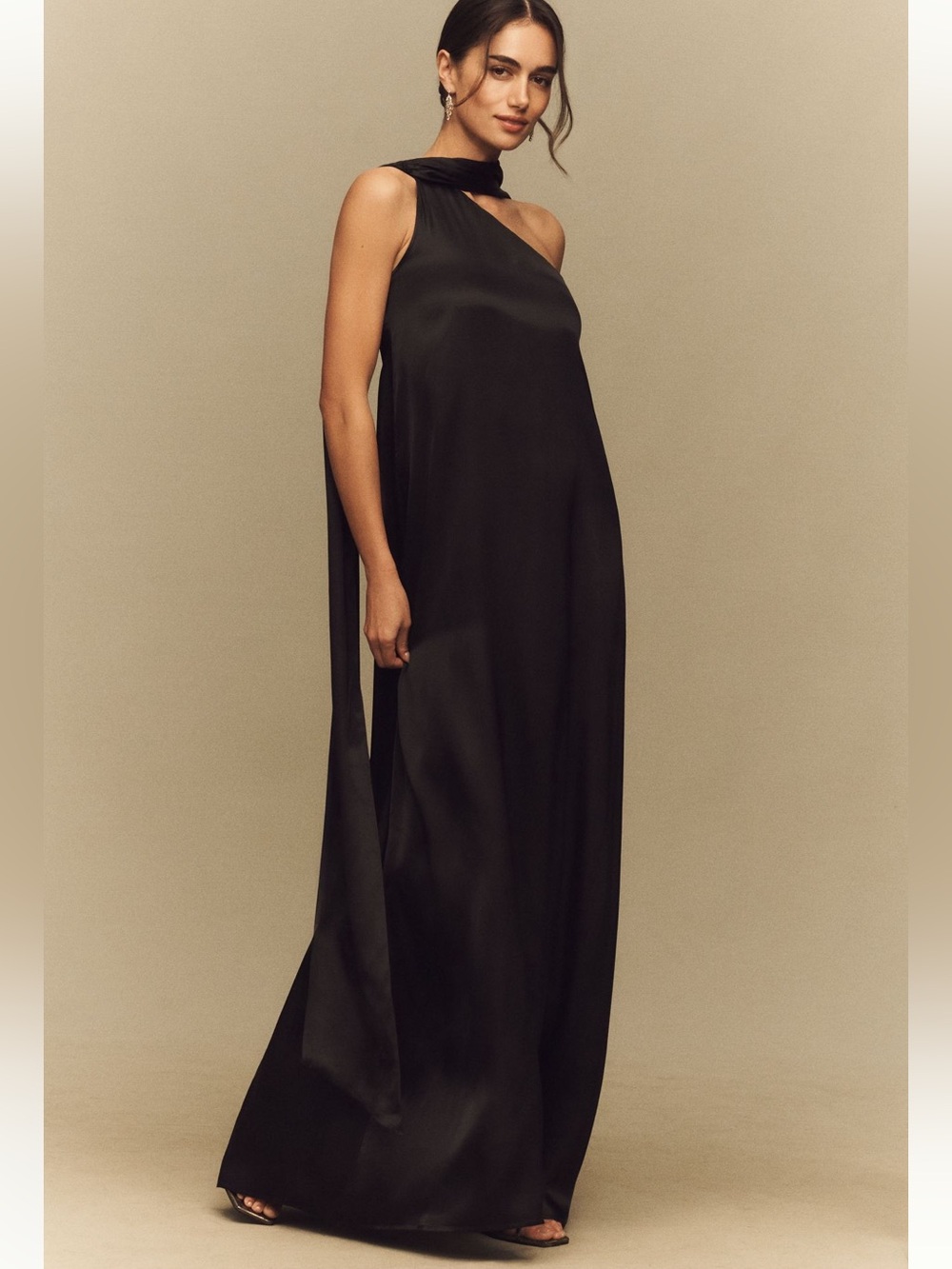 Anthropologie Black One-Shoulder Satin Maxi Dress